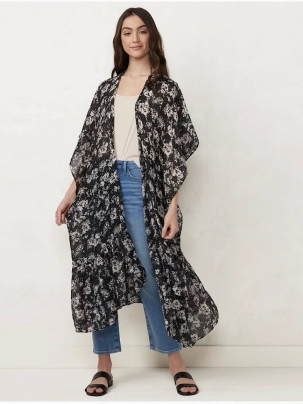 Lauren Conrad Floral Kimono Wrap Black Pink Ruffle Hem Sheer Cardigan O/S